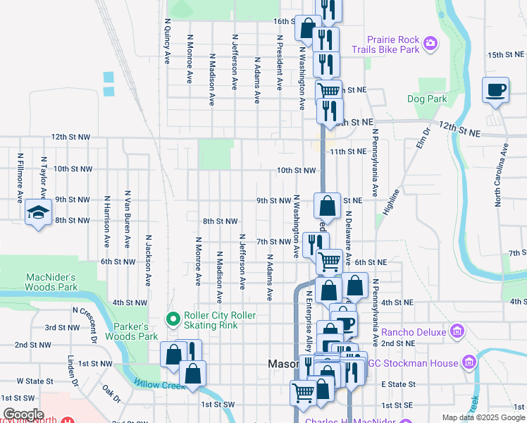 map of restaurants, bars, coffee shops, grocery stores, and more near 817 North Adams Avenue in Mason City