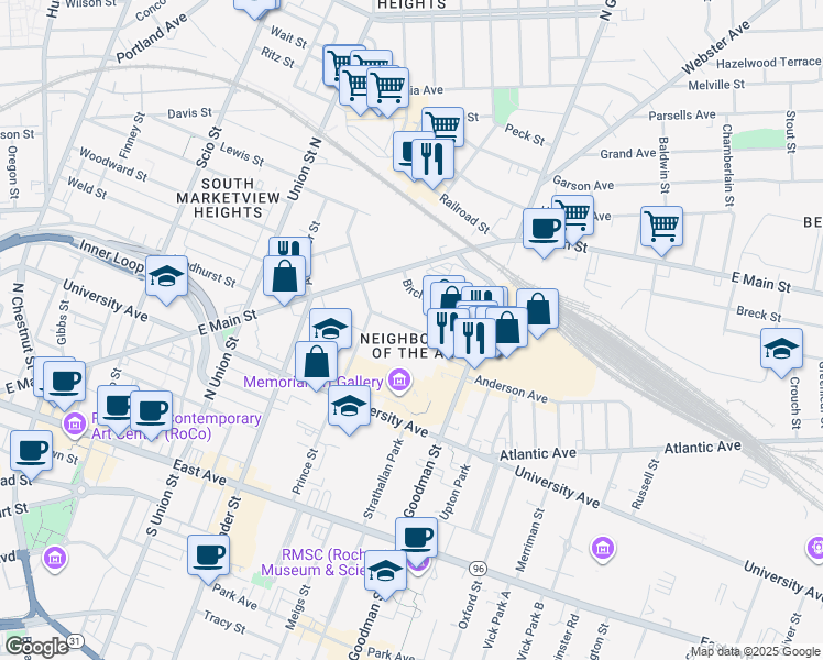 map of restaurants, bars, coffee shops, grocery stores, and more near 69 College Avenue in Rochester