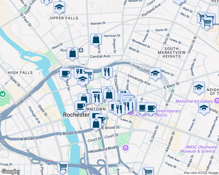 map of restaurants, bars, coffee shops, grocery stores, and more near Pleasant Street & Liberty Pole Way in Rochester