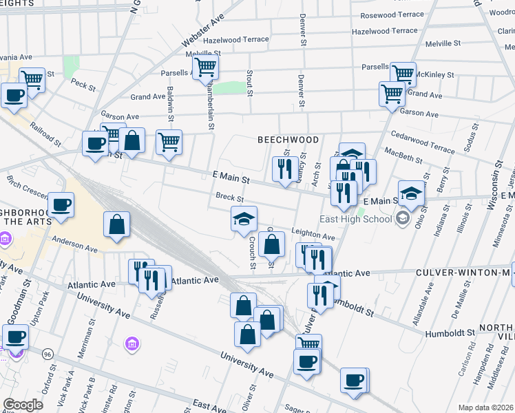 map of restaurants, bars, coffee shops, grocery stores, and more near 223 Breck Street in Rochester