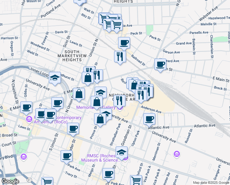 map of restaurants, bars, coffee shops, grocery stores, and more near in Rochester