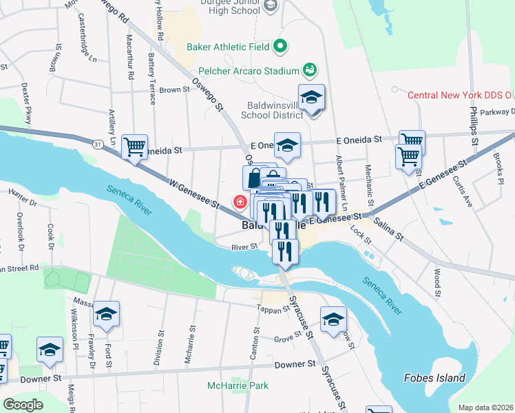 map of restaurants, bars, coffee shops, grocery stores, and more near 43 Oswego Street in Baldwinsville