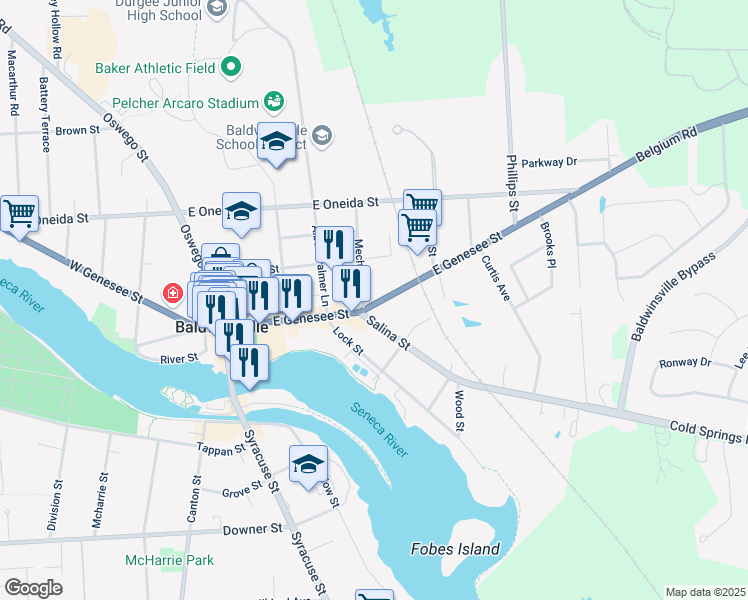 map of restaurants, bars, coffee shops, grocery stores, and more near 55 East Genesee Street in Baldwinsville