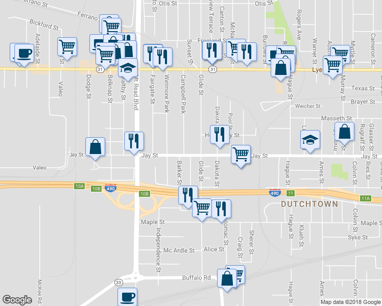 map of restaurants, bars, coffee shops, grocery stores, and more near 1254 Jay Street in Rochester
