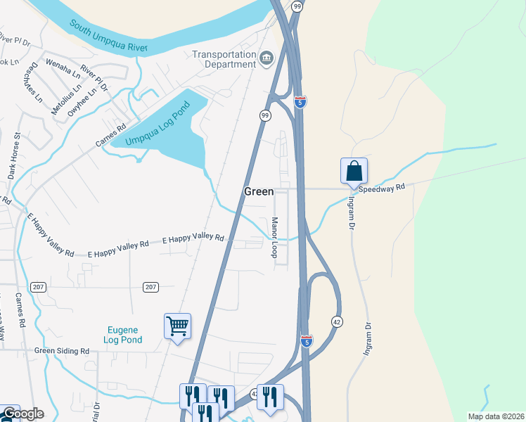 map of restaurants, bars, coffee shops, grocery stores, and more near 147 Pippin Avenue in Roseburg