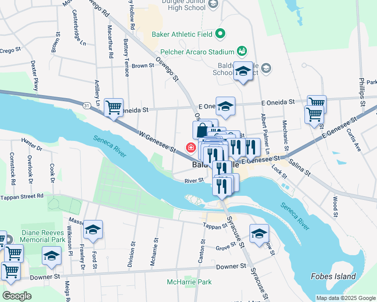 map of restaurants, bars, coffee shops, grocery stores, and more near 32 West Genesee Street in Baldwinsville