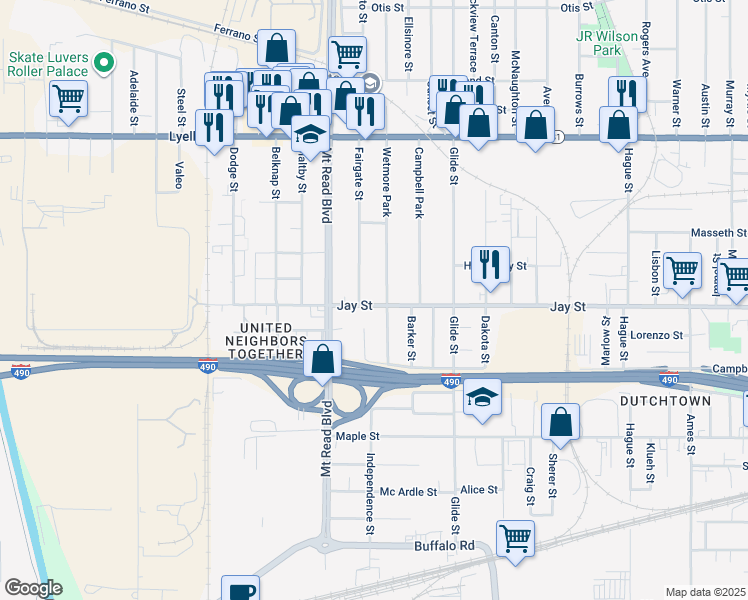 map of restaurants, bars, coffee shops, grocery stores, and more near 1344 Jay Street in Rochester