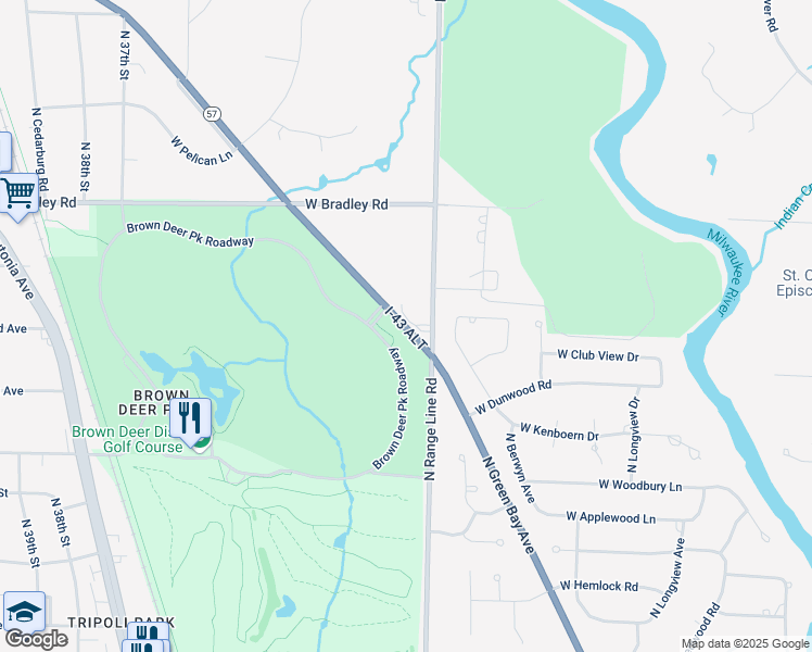 map of restaurants, bars, coffee shops, grocery stores, and more near 7800 North Green Bay Avenue in Glendale