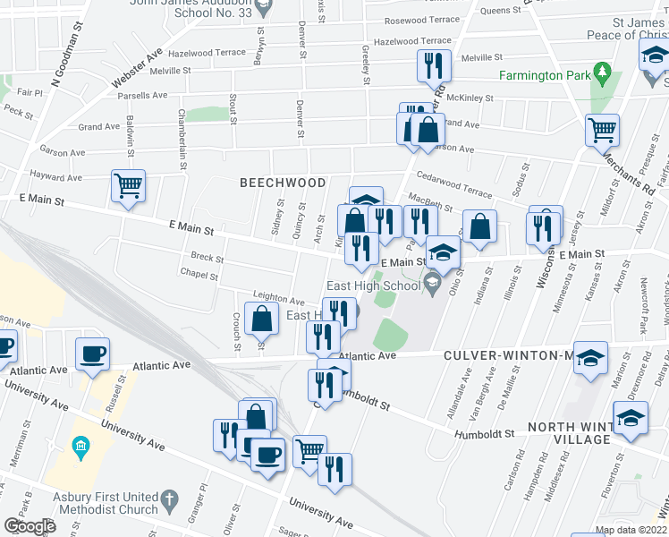 map of restaurants, bars, coffee shops, grocery stores, and more near 18 Bowman Street in Rochester