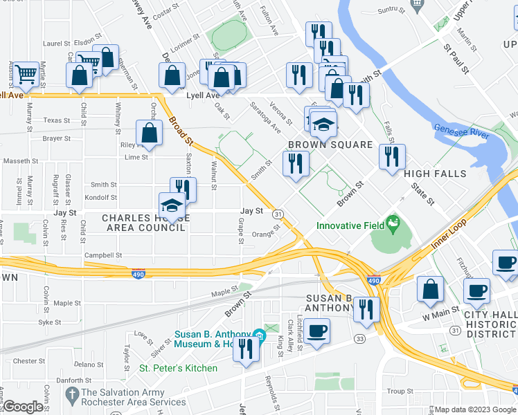 map of restaurants, bars, coffee shops, grocery stores, and more near 298 Jay Street in Rochester