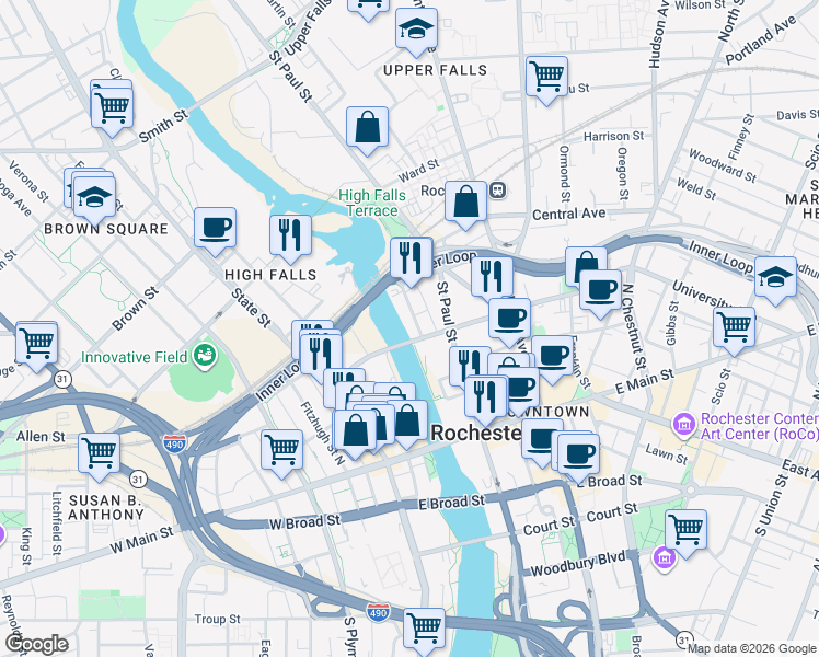 map of restaurants, bars, coffee shops, grocery stores, and more near 165 North Water Street in Rochester