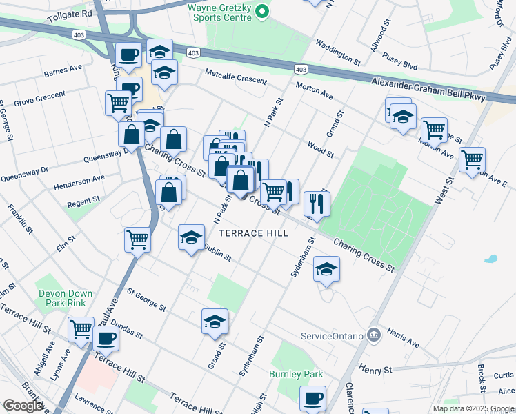 map of restaurants, bars, coffee shops, grocery stores, and more near 84 Charing Cross Street in Brantford