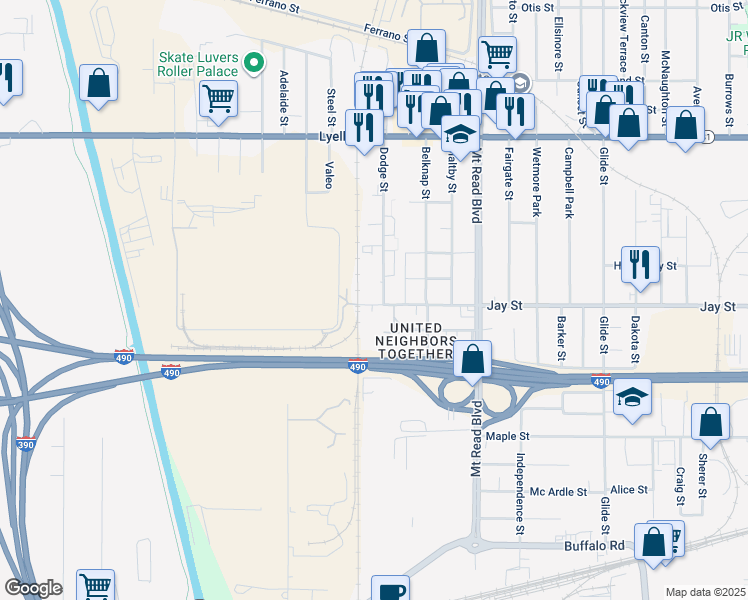 map of restaurants, bars, coffee shops, grocery stores, and more near 1550 Jay Street in Rochester