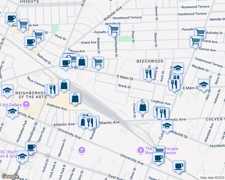 map of restaurants, bars, coffee shops, grocery stores, and more near 1 Mustard Street in Rochester