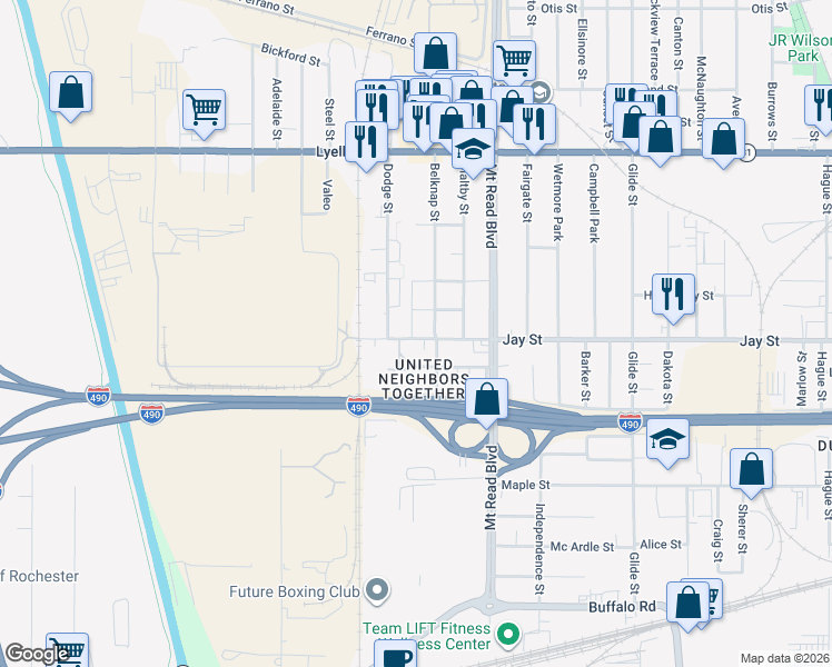 map of restaurants, bars, coffee shops, grocery stores, and more near 1520 Jay Street in Rochester