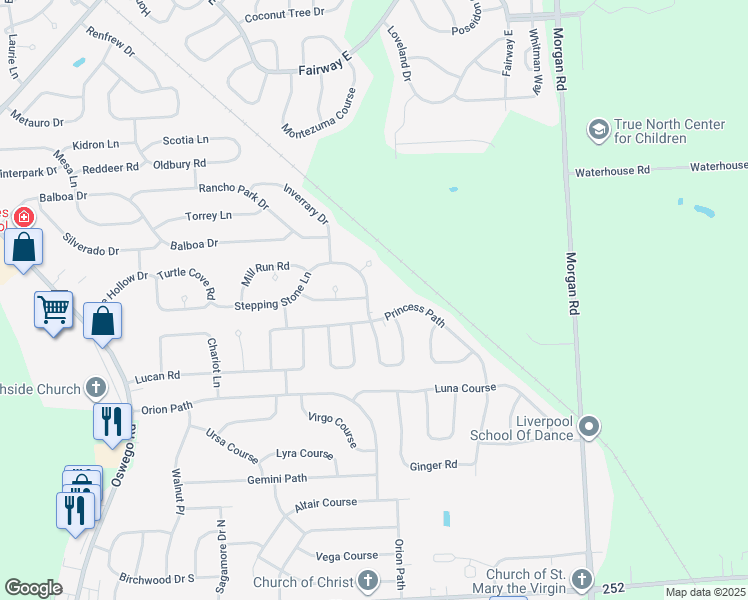 map of restaurants, bars, coffee shops, grocery stores, and more near 4295 Stepping Stone Ln in Liverpool