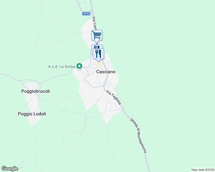 map of restaurants, bars, coffee shops, grocery stores, and more near 8 Via dell'Ornate in Casciano