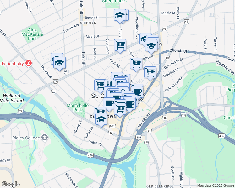 map of restaurants, bars, coffee shops, grocery stores, and more near 88 James Street in St. Catharines