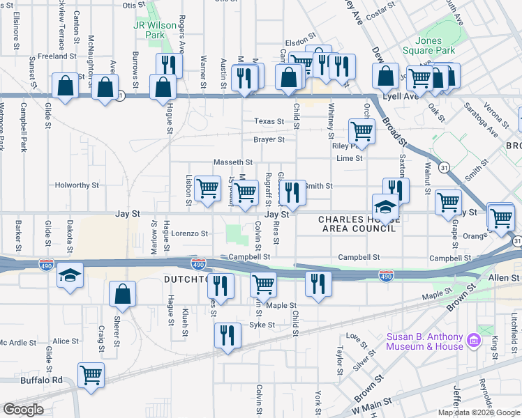 map of restaurants, bars, coffee shops, grocery stores, and more near 780 Jay Street in Rochester