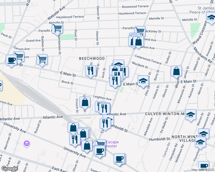 map of restaurants, bars, coffee shops, grocery stores, and more near 18 Bowman Street in Rochester