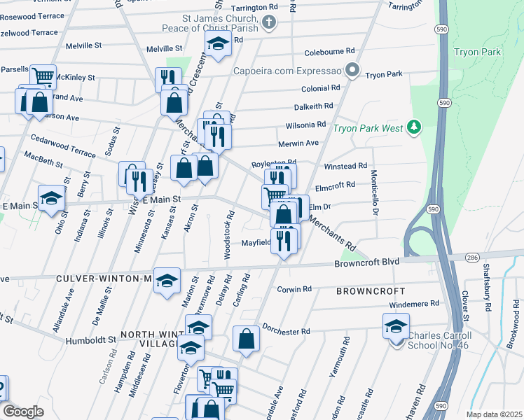 map of restaurants, bars, coffee shops, grocery stores, and more near 2268 East Main Street in Rochester