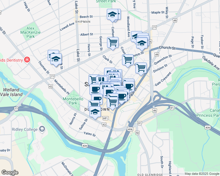 map of restaurants, bars, coffee shops, grocery stores, and more near in St. Catharines