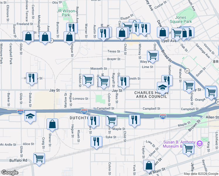 map of restaurants, bars, coffee shops, grocery stores, and more near 780 Jay Street in Rochester