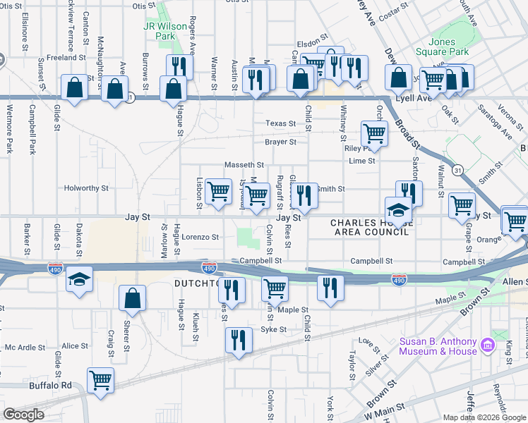 map of restaurants, bars, coffee shops, grocery stores, and more near 780 Jay Street in Rochester