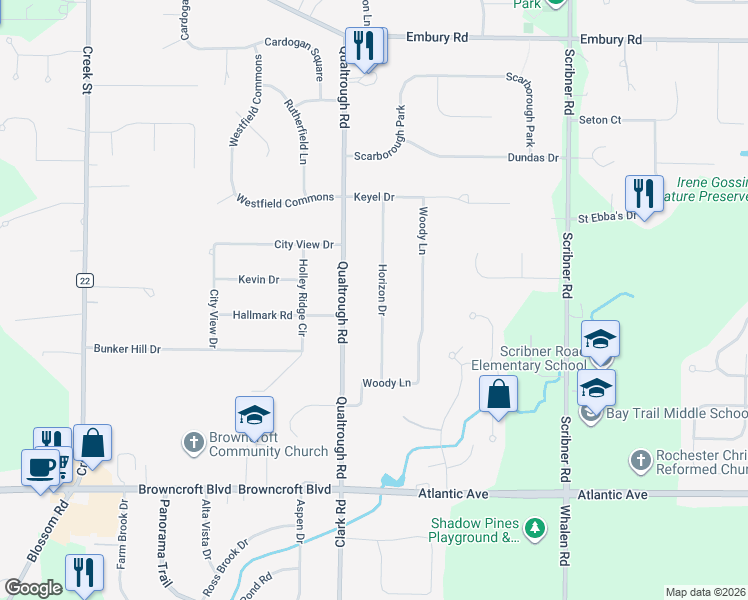 map of restaurants, bars, coffee shops, grocery stores, and more near 91 Horizon Drive in Rochester
