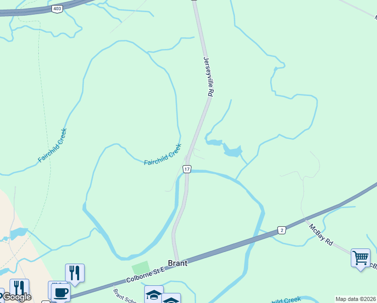 map of restaurants, bars, coffee shops, grocery stores, and more near 46 Regional Road 17 in Brantford