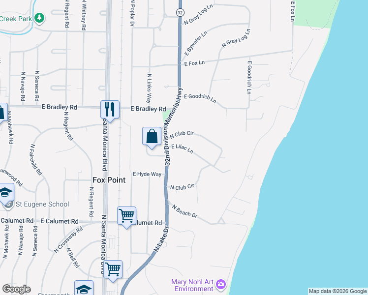 map of restaurants, bars, coffee shops, grocery stores, and more near 1107 East Lilac Lane in Fox Point
