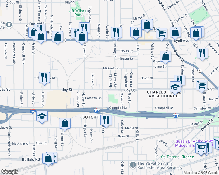 map of restaurants, bars, coffee shops, grocery stores, and more near 828 Jay Street in Rochester