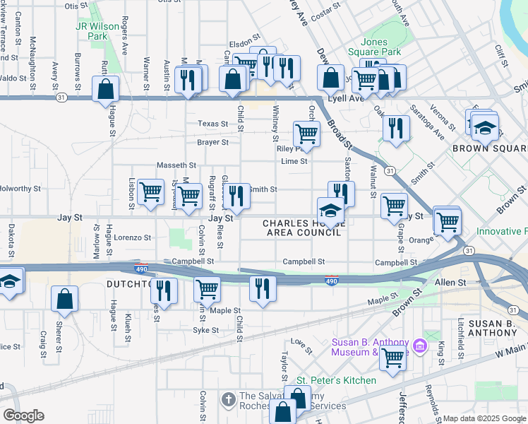 map of restaurants, bars, coffee shops, grocery stores, and more near 618 Jay Street in Rochester