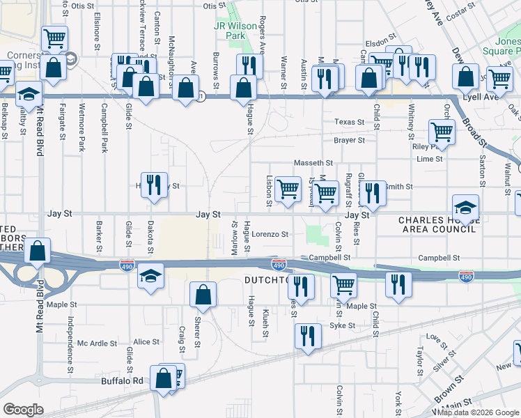 map of restaurants, bars, coffee shops, grocery stores, and more near 940 Jay Street in Rochester