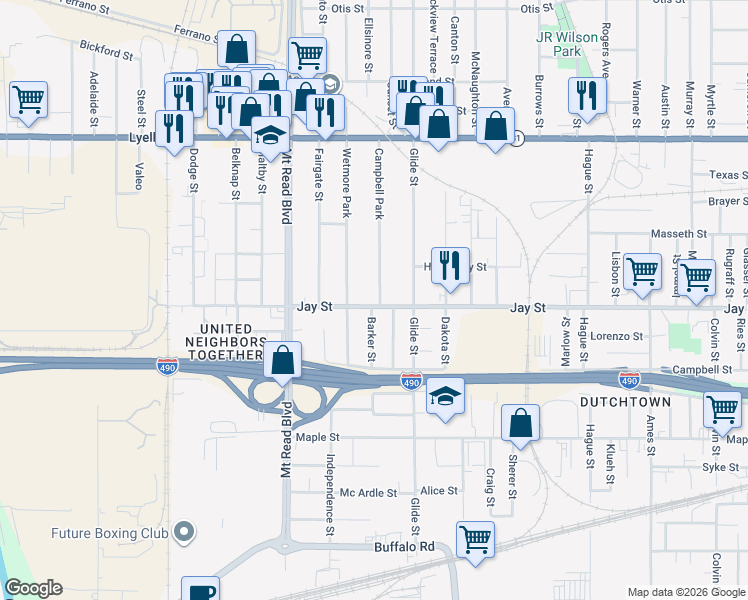 map of restaurants, bars, coffee shops, grocery stores, and more near 1306 Jay Street in Rochester