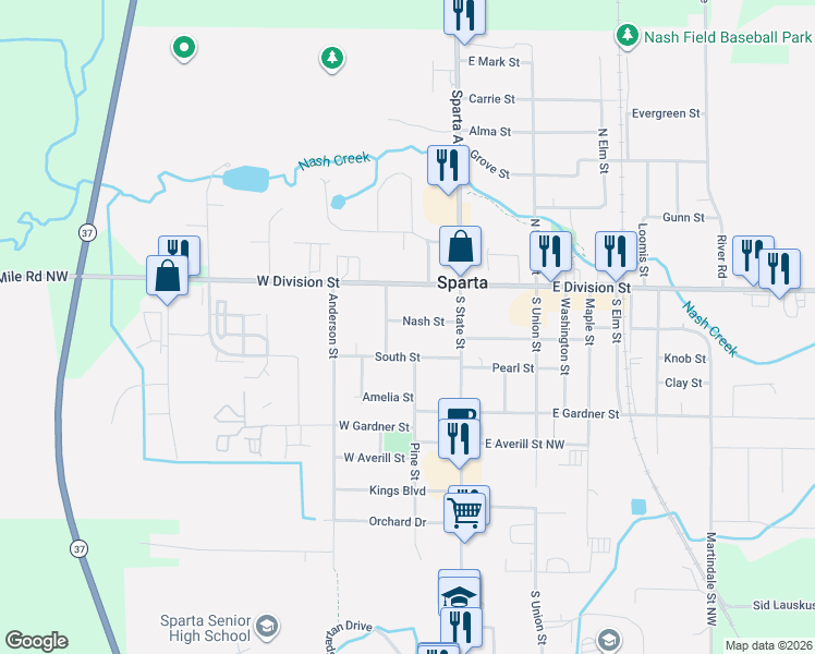map of restaurants, bars, coffee shops, grocery stores, and more near 56 Nash Street in Sparta