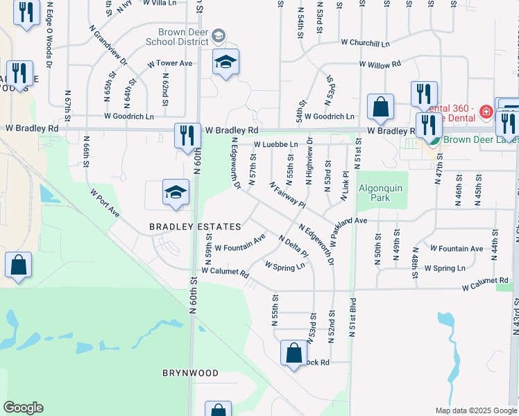 map of restaurants, bars, coffee shops, grocery stores, and more near 7819 North Edgeworth Drive in Milwaukee