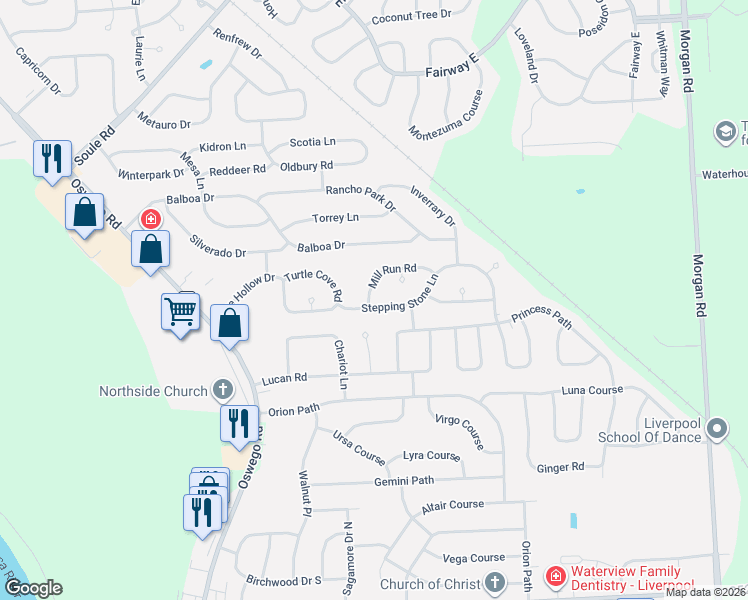 map of restaurants, bars, coffee shops, grocery stores, and more near 4207 Stepping Stone Lane in Liverpool