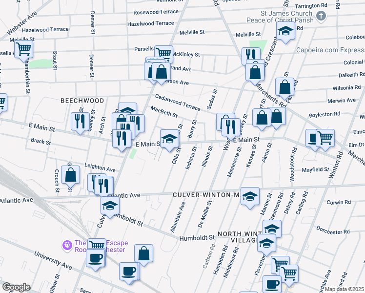 map of restaurants, bars, coffee shops, grocery stores, and more near 144 Ohio Street in Rochester