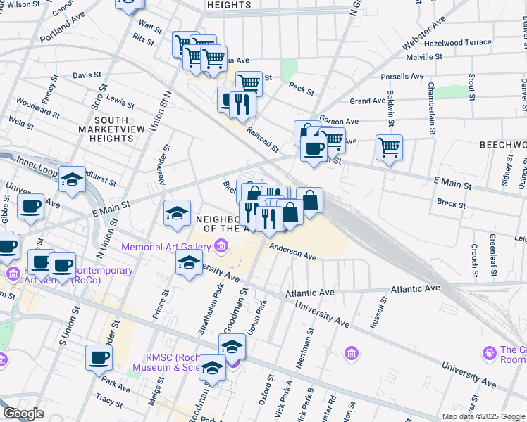 map of restaurants, bars, coffee shops, grocery stores, and more near 301 North Goodman Street in Rochester