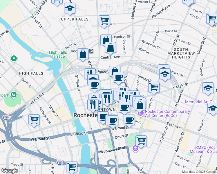 map of restaurants, bars, coffee shops, grocery stores, and more near 98 Pleasant Street in Rochester