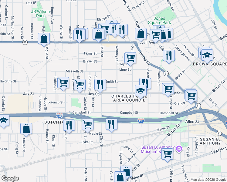 map of restaurants, bars, coffee shops, grocery stores, and more near 618 Jay Street in Rochester