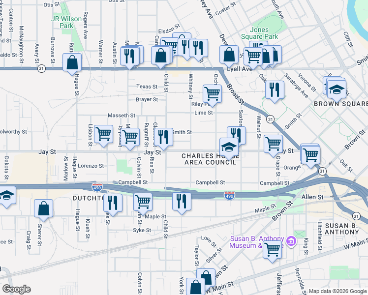 map of restaurants, bars, coffee shops, grocery stores, and more near 618 Jay Street in Rochester
