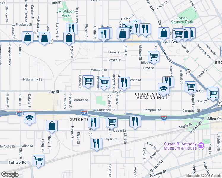 map of restaurants, bars, coffee shops, grocery stores, and more near 780 Jay Street in Rochester