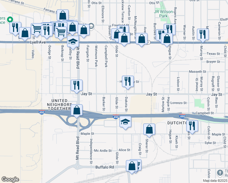 map of restaurants, bars, coffee shops, grocery stores, and more near 1254 Jay Street in Rochester
