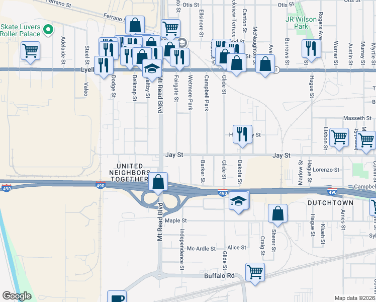 map of restaurants, bars, coffee shops, grocery stores, and more near 1306 Jay Street in Rochester