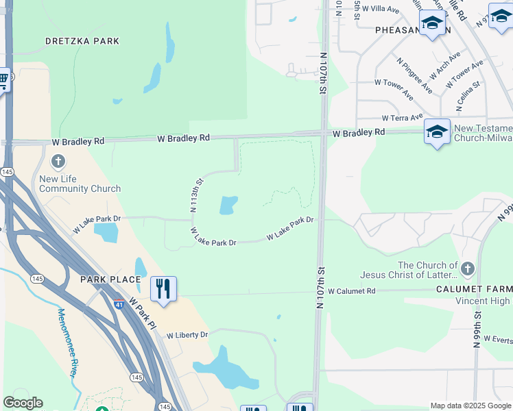 map of restaurants, bars, coffee shops, grocery stores, and more near 11000 W Lake Park Dr in Milwaukee