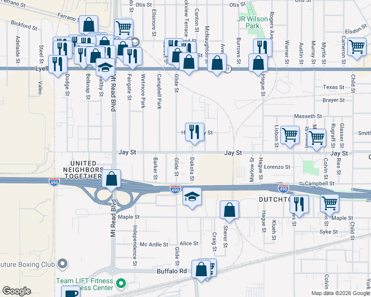 map of restaurants, bars, coffee shops, grocery stores, and more near 1198 Jay Street in Rochester