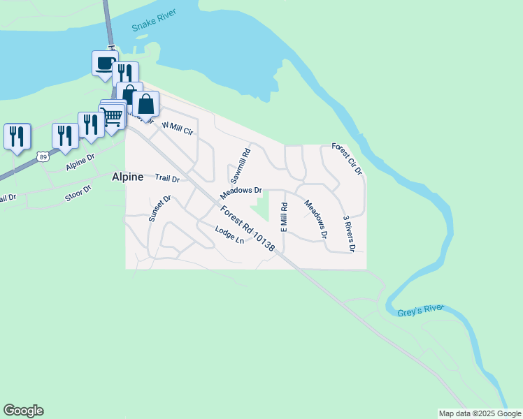 map of restaurants, bars, coffee shops, grocery stores, and more near 275 Meadows Drive in Alpine