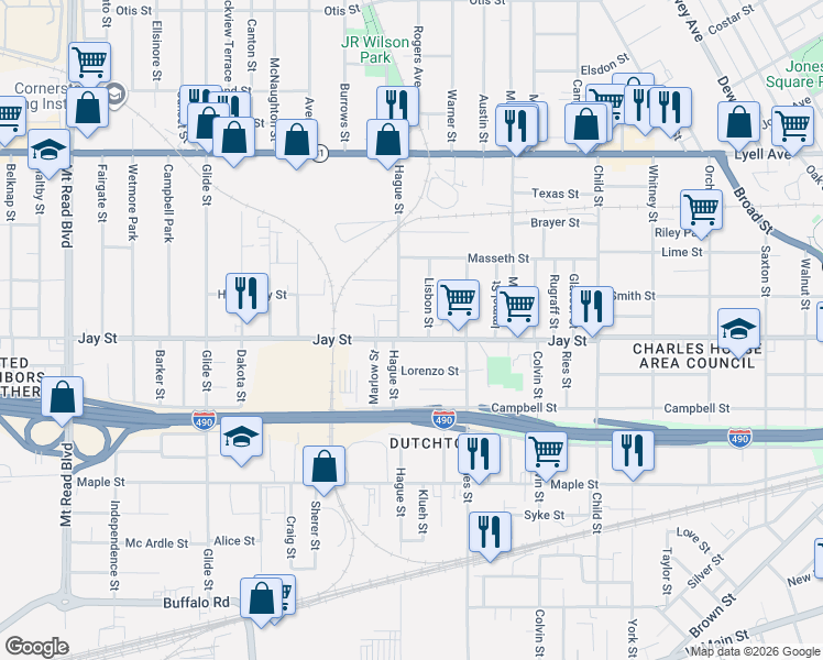 map of restaurants, bars, coffee shops, grocery stores, and more near 940 Jay St in Rochester